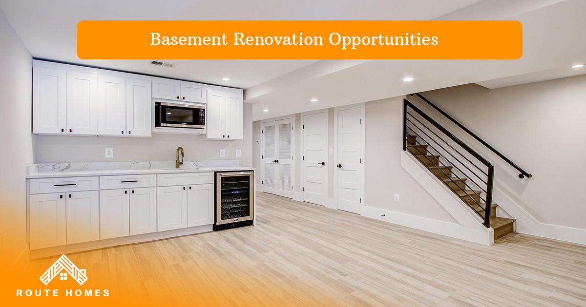 Top Reasons Why Renovating a Home in Toronto Is a Smart Investment 5 Finished basement with white kitchenette cabinets and stairs