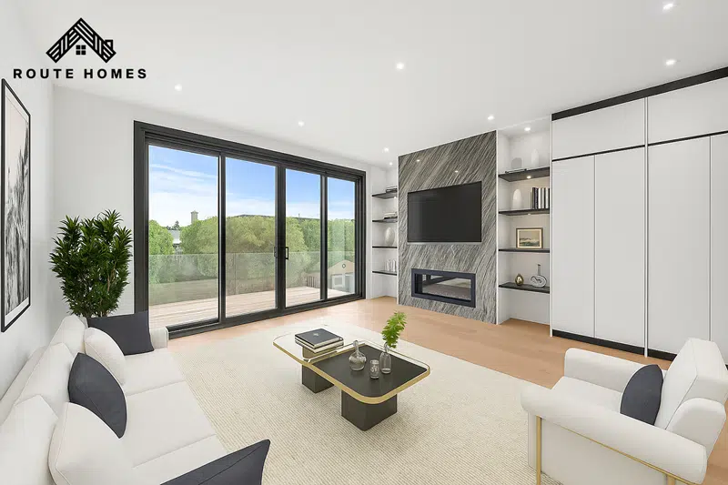 Modern home renovation in North York with open living space and contemporary design by Route Homes.