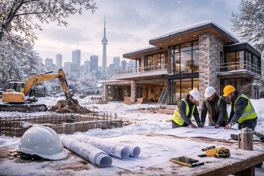 Best Time to Start Construction in Toronto 1 Builders reviewing plans at a snowy custom home site with the CN Tower behind
