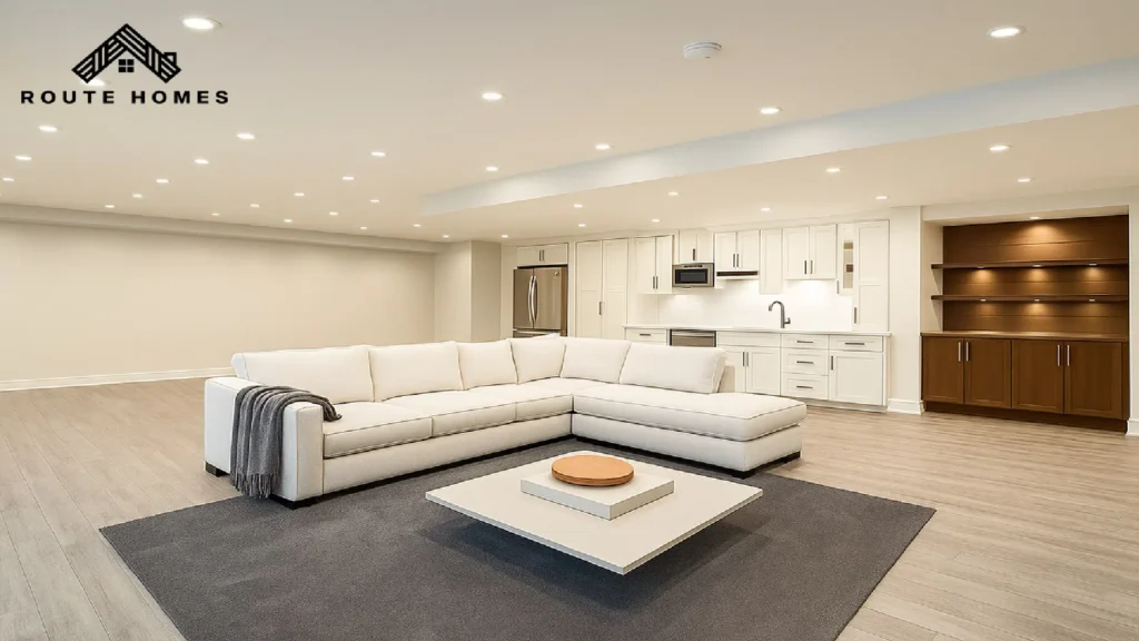 Legal Basement Apartment in Toronto: Requirements, Permits & Cost (2026) 2 Bright finished basement apartment with open living area and kitchen