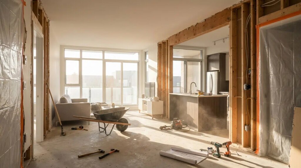Removing a Load-Bearing Wall in Toronto: Engineer, Permit & Cost 2 Wall opened up with a new wood header beam during an open-concept renovation