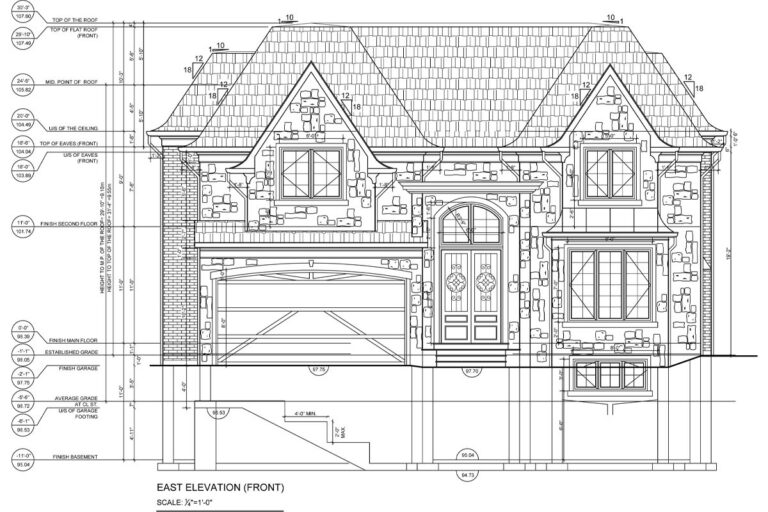 East (front) elevation drawing of the Lockton residence, a Route Homes custom home, with floor, eave and roof heights